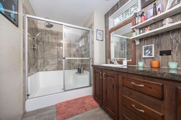 Bathroom, Glass Shower, Interior, Wood Texture Flooring
