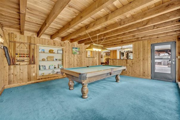 Billiard Table, Game Room, Interior, Pendant Lights, Wooden Beams, Wooden Ceilings, Wooden Walls