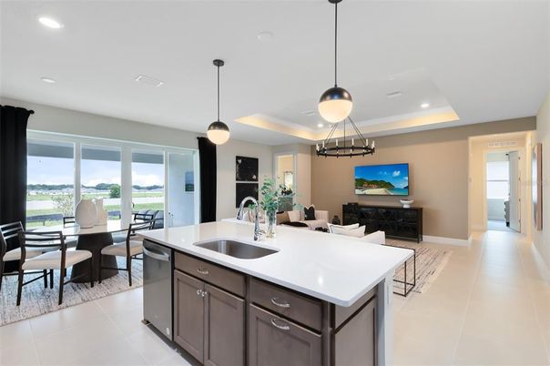 Dining room, Fireplace, Interior, Kitchen, Living room, Pendant Lights, Recessed Lighting