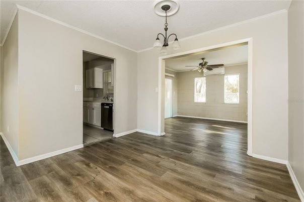 Empty room, Interior, Kitchen, Pendant Lights, Wood Texture Flooring