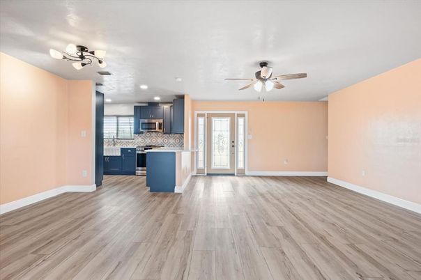 Empty room, Interior, Kitchen, Recessed Lighting, Wood Texture Flooring