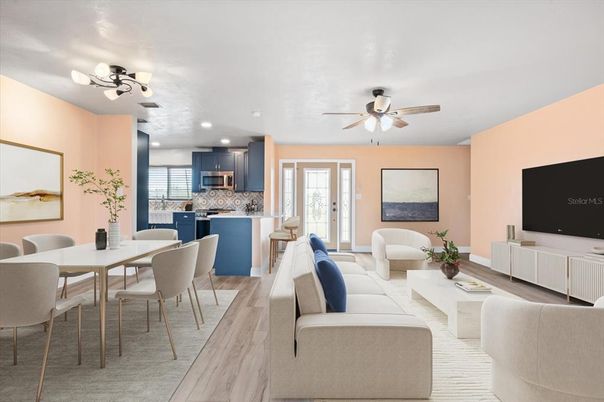 Dining room, Interior, Kitchen, Living room, Recessed Lighting, Wood Texture Flooring