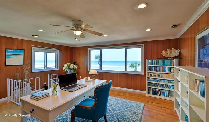 Home Office, Interior, Recessed Lighting, Water, Wood Texture Flooring, Wooden Walls