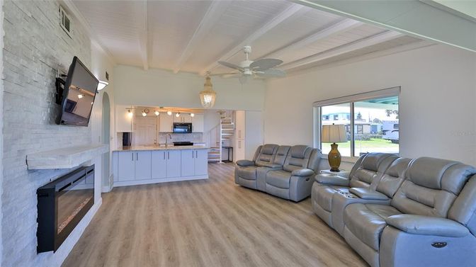 Home Theatre Room, Interior, Kitchen, Living room, Stone Walls, Wood Texture Flooring