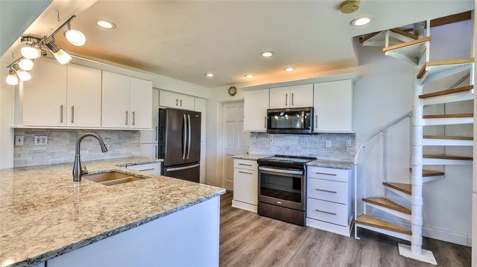 Interior, Kitchen, Pendant Lights, Recessed Lighting, Stainless Steel Appliances, Wood Texture Flooring