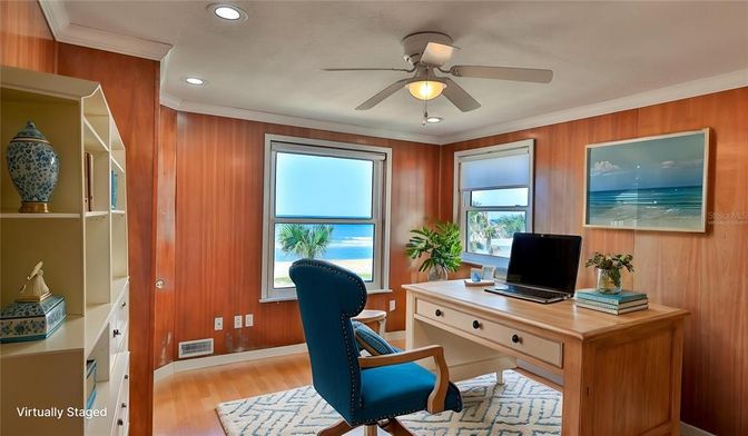 Home Office, Interior, Recessed Lighting, Wood Texture Flooring, Wooden Walls