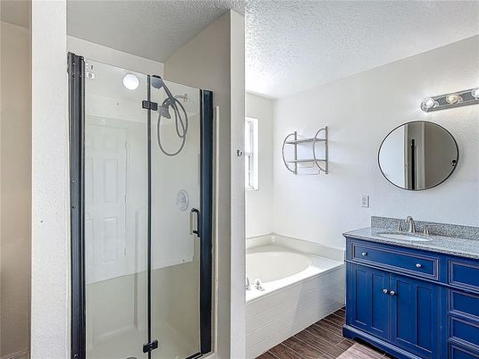 Bathroom, Glass Shower, Interior, Wood Texture Flooring