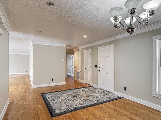 Chandelier, Empty room, Interior, Recessed Lighting, Wood Texture Flooring