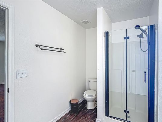 Bathroom, Glass Shower, Interior, Wood Texture Flooring