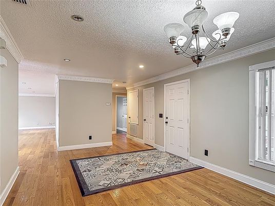 Chandelier, Empty room, Interior, Recessed Lighting, Wood Texture Flooring