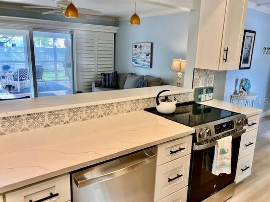 Interior, Kitchen, Pendant Lights, Stainless Steel Appliances, Wood Texture Flooring