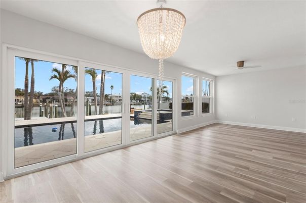 Chandelier, Empty room, Interior, Water, Wood Texture Flooring