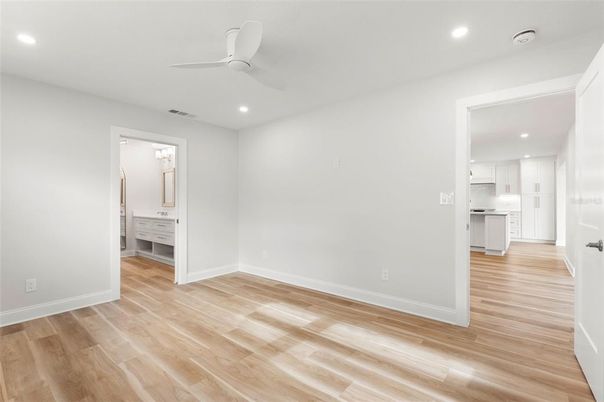 Bathroom, Empty room, Interior, Kitchen, Recessed Lighting, Wood Texture Flooring