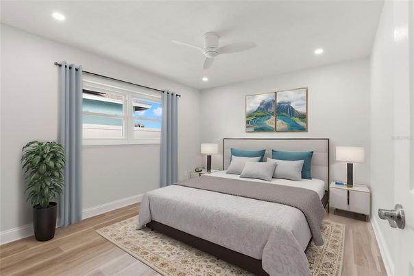 Bedroom, Interior, Recessed Lighting, Wood Texture Flooring