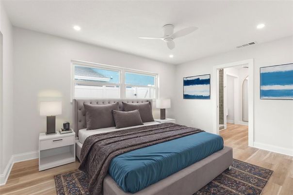 Bedroom, Interior, Recessed Lighting, Wood Texture Flooring