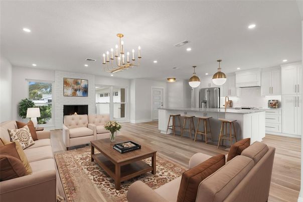 Fireplace, Interior, Kitchen, Living room, Pendant Lights, Recessed Lighting, Stainless Steel Appliances, Wood Texture Flooring