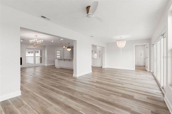 Chandelier, Empty room, Interior, Recessed Lighting, Wood Texture Flooring