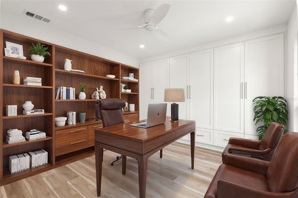 Home Office, Interior, Recessed Lighting, Wood Texture Flooring