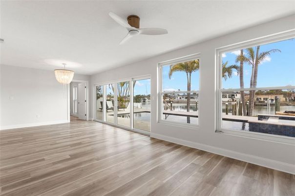 Chandelier, Empty room, Interior, Water, Wood Texture Flooring