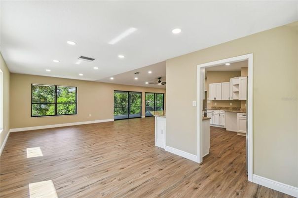 Empty room, Interior, Kitchen, Recessed Lighting, Wood Texture Flooring