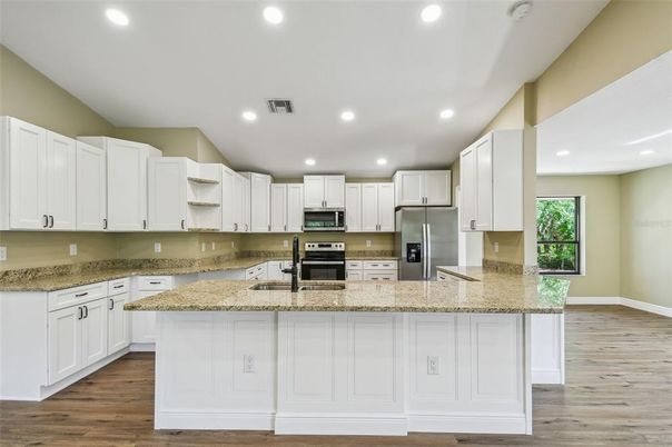 Interior, Kitchen, Recessed Lighting, Stainless Steel Appliances, Wood Texture Flooring