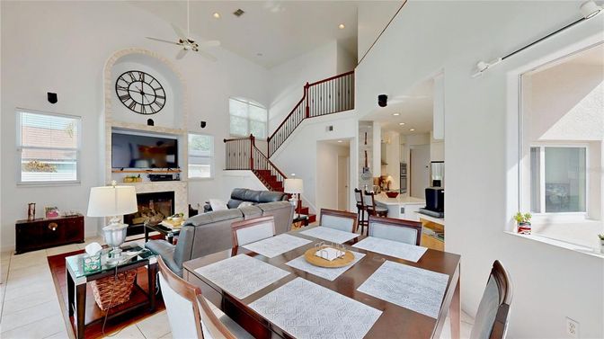 Dining room, Fireplace, Interior, Living room, Recessed Lighting