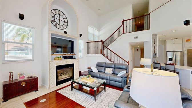 Dining room, Fireplace, Interior, Kitchen, Living room, Recessed Lighting, Stainless Steel Appliances
