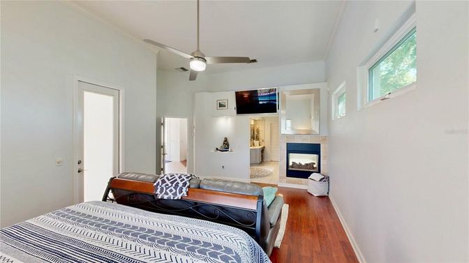 Bedroom, Fireplace, Interior, Wood Texture Flooring