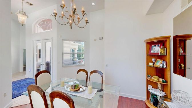 Chandelier, Dining room, Interior, Pendant Lights, Wood Texture Flooring