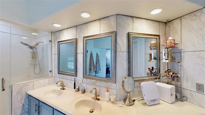 Bathroom, Dual Sink Vanities, Interior, Marble Walls, Recessed Lighting