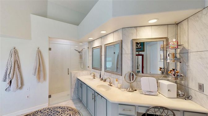 Bathroom, Dual Sink Vanities, Interior, Marble Walls, Recessed Lighting