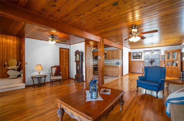 Chandelier, Dining room, Interior, Living room, Wooden Beams, Wooden Ceilings, Wood Texture Flooring