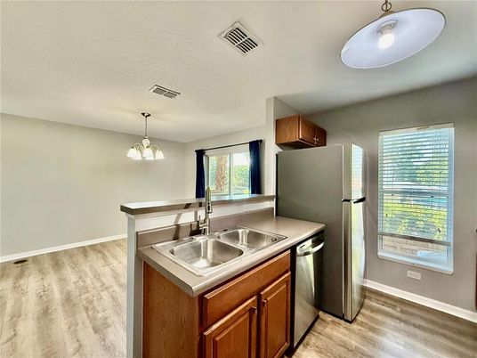 Interior, Kitchen, Pendant Lights, Wood Texture Flooring