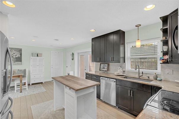Interior, Kitchen, Pendant Lights, Recessed Lighting, Wood Texture Flooring