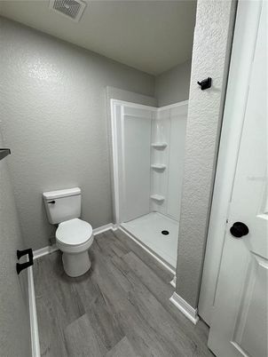 Bathroom, Glass Shower, Interior, Wood Texture Flooring