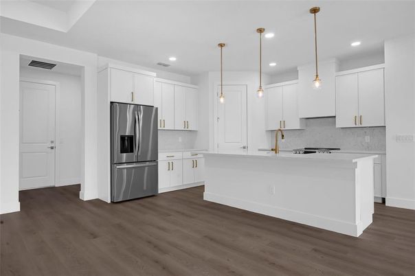 Interior, Kitchen, Pendant Lights, Recessed Lighting, Stainless Steel Appliances, Wood Texture Flooring