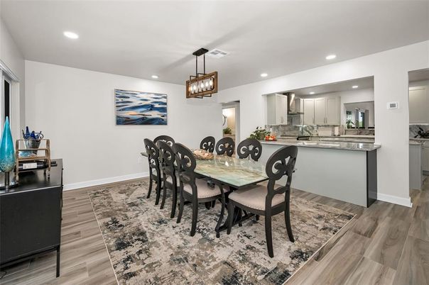 Dining room, Interior, Kitchen, Pendant Lights, Recessed Lighting, Wood Texture Flooring