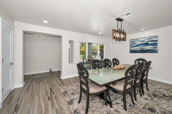 Dining room, Interior, Pendant Lights, Recessed Lighting, Wood Texture Flooring