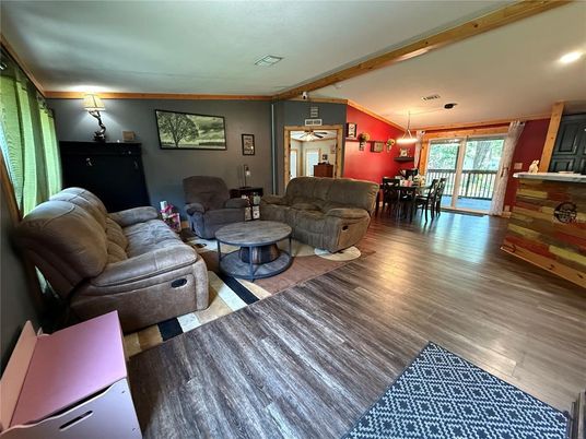 Dining room, Interior, Living room, Pendant Lights, Recessed Lighting, Wood Texture Flooring
