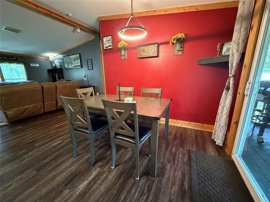 Dining room, Interior, Pendant Lights, Wood Texture Flooring