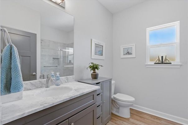 Bathroom, Glass Shower, Interior, Wood Texture Flooring