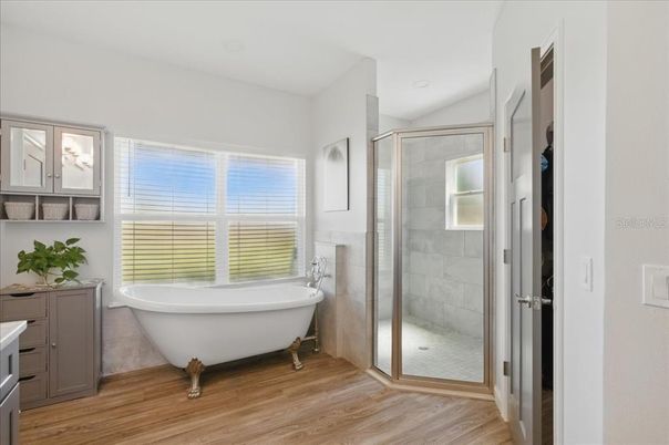 Bathroom, Free Standing Baths, Glass Shower, Interior, Wood Texture Flooring