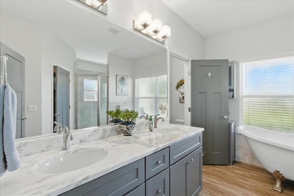 Bathroom, Dual Sink Vanities, Free Standing Baths, Interior, Wood Texture Flooring