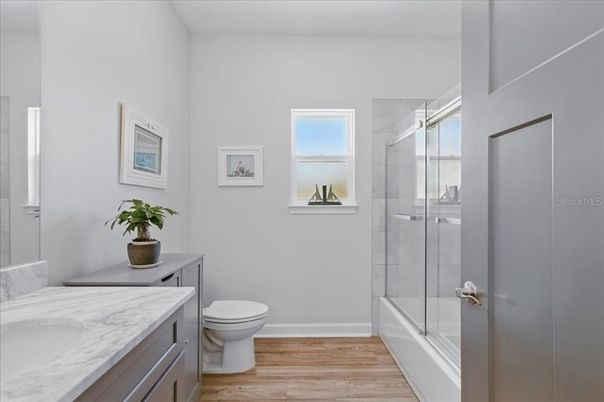 Bathroom, Glass Shower, Interior, Wood Texture Flooring