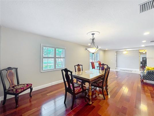 Dining room, Interior, Pendant Lights, Recessed Lighting, Wood Texture Flooring