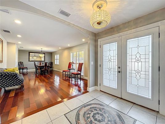 Chandelier, Dining room, Interior, Recessed Lighting, Wood Texture Flooring