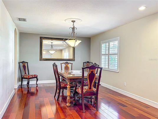 Dining room, Interior, Pendant Lights, Recessed Lighting, Wood Texture Flooring