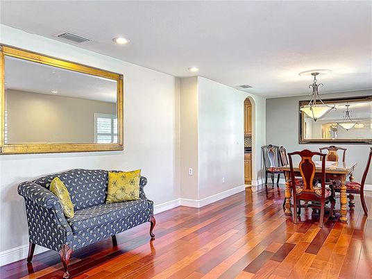 Dining room, Interior, Pendant Lights, Recessed Lighting, Wood Texture Flooring