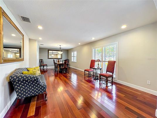 Dining room, Interior, Pendant Lights, Recessed Lighting, Wood Texture Flooring