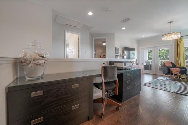 Chandelier, Home Office, Interior, Pendant Lights, Recessed Lighting, Wood Texture Flooring
